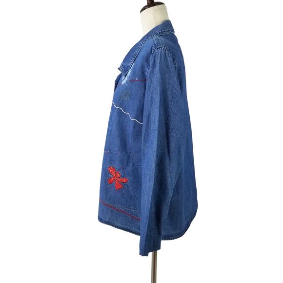 Bobbie Brooks Blue Denim Floral Embroidered Vintage Shirt Shacket Large 12 / 14 - Picture 2 of 3